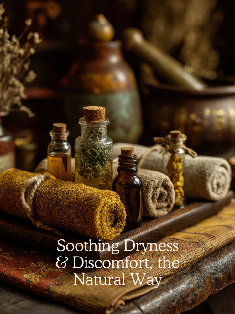 Soothing menopause vaginal dryness with Yoni Steaming showing steaming herbs and natural soft rolled blankets