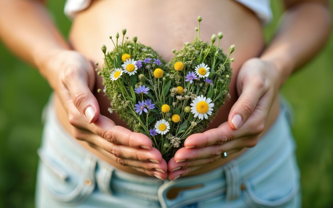 Woman holds heart-shaped herbal bouquet near belly. Focus on womb health, natural yoni steaming for female reproductive wellness pelvic tension and cramping. Supports holistic healing and menopause